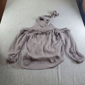 Torrid Top Womens 2 Gray Chiffon Lined Cold Shoulder Sleeve Halter Neck Ruffle